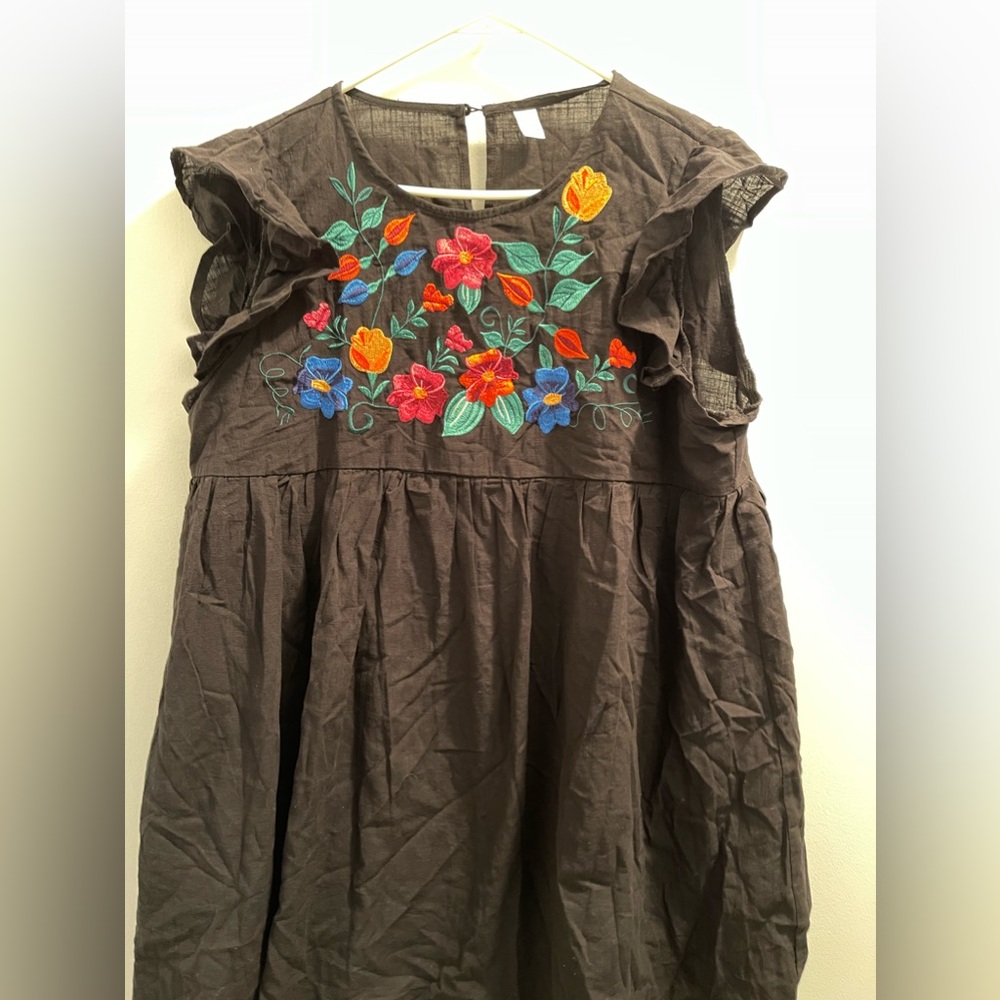 Embroidered Floral Cotton Dress - Dark Brown